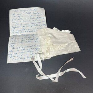 Antique "Magic Hanky" Bridal Handkerchief Baby Bonnet White Lace Edge